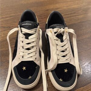 Zadig & Voltaire Black Velvet and Cream Sneakers with Star Details